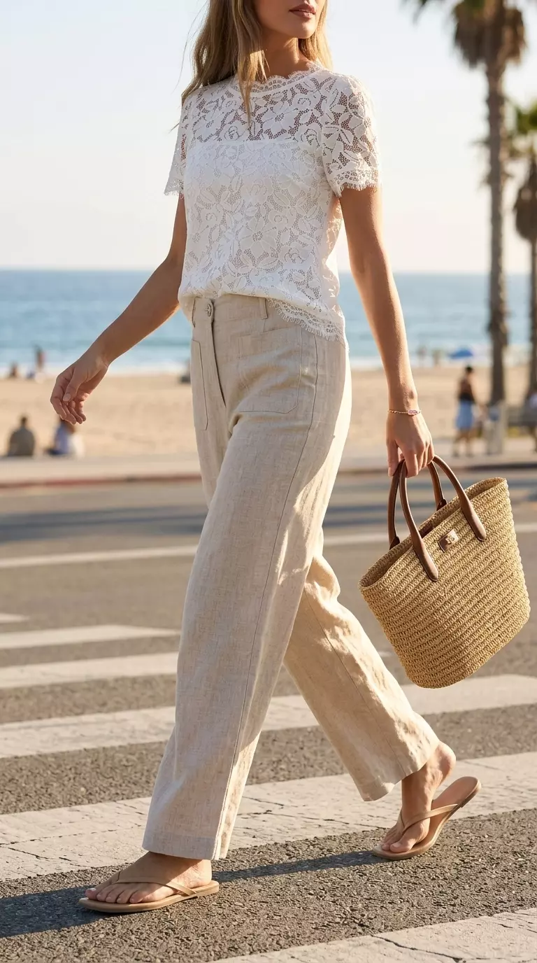Summer Lace Top Outfits for Women 2026: White lace top with linen trousers for a seaside look.