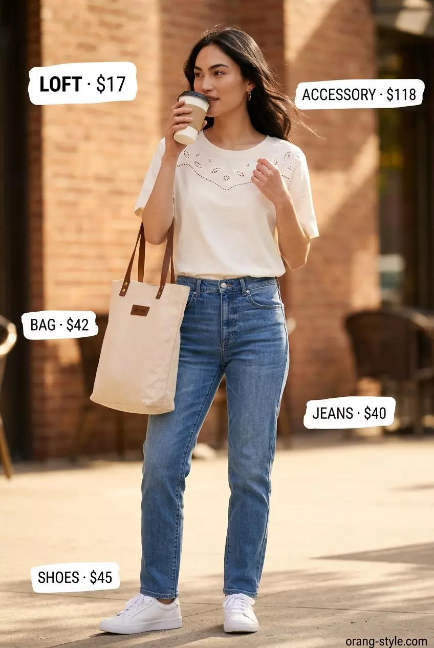 Summer Lace Top Outfits for Women 2026: White lace t-shirt with straight-leg jeans for casual cool.