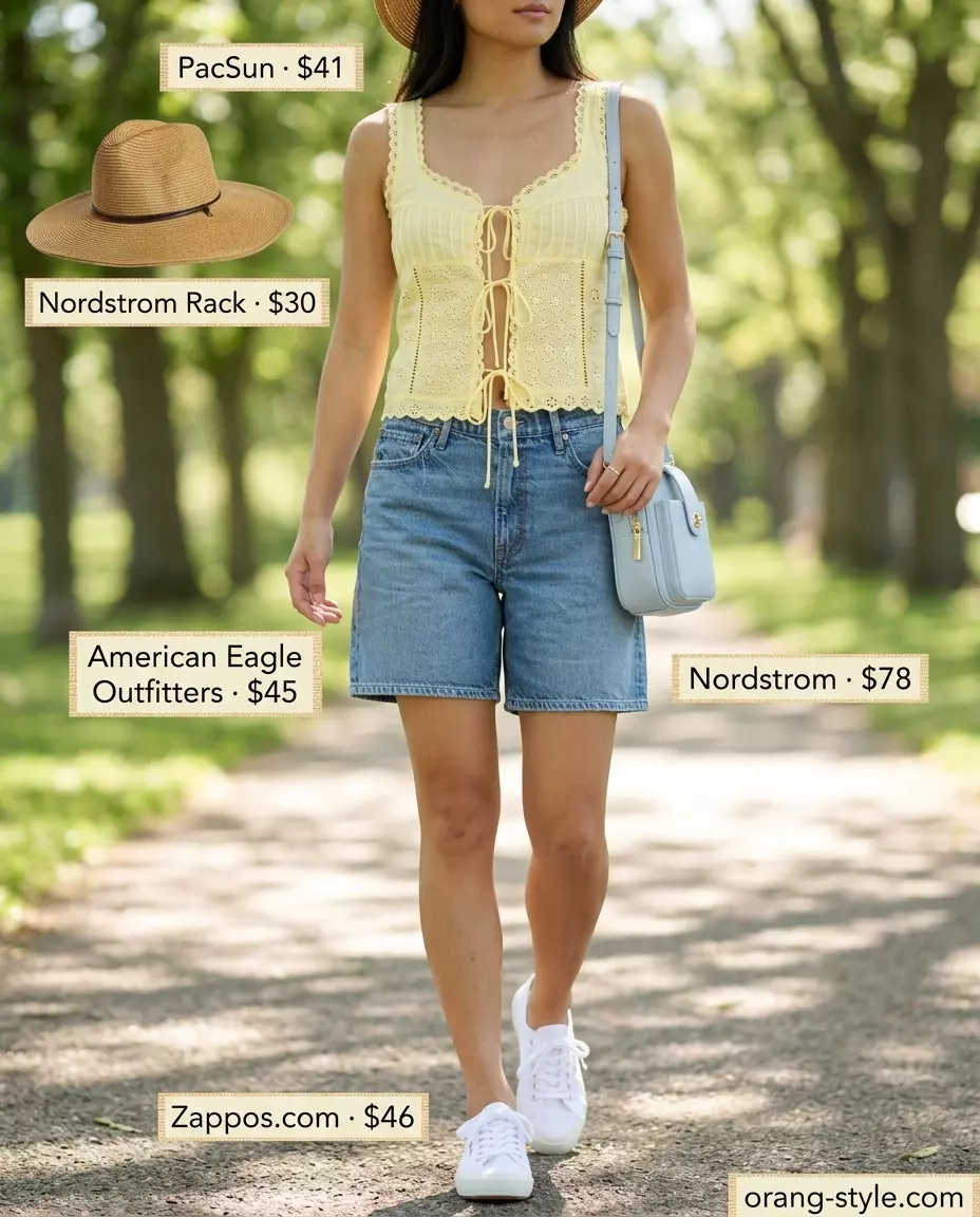 Summer Lace Top Outfits for Women 2026: Yellow eyelet lace top with denim shorts for a picnic.