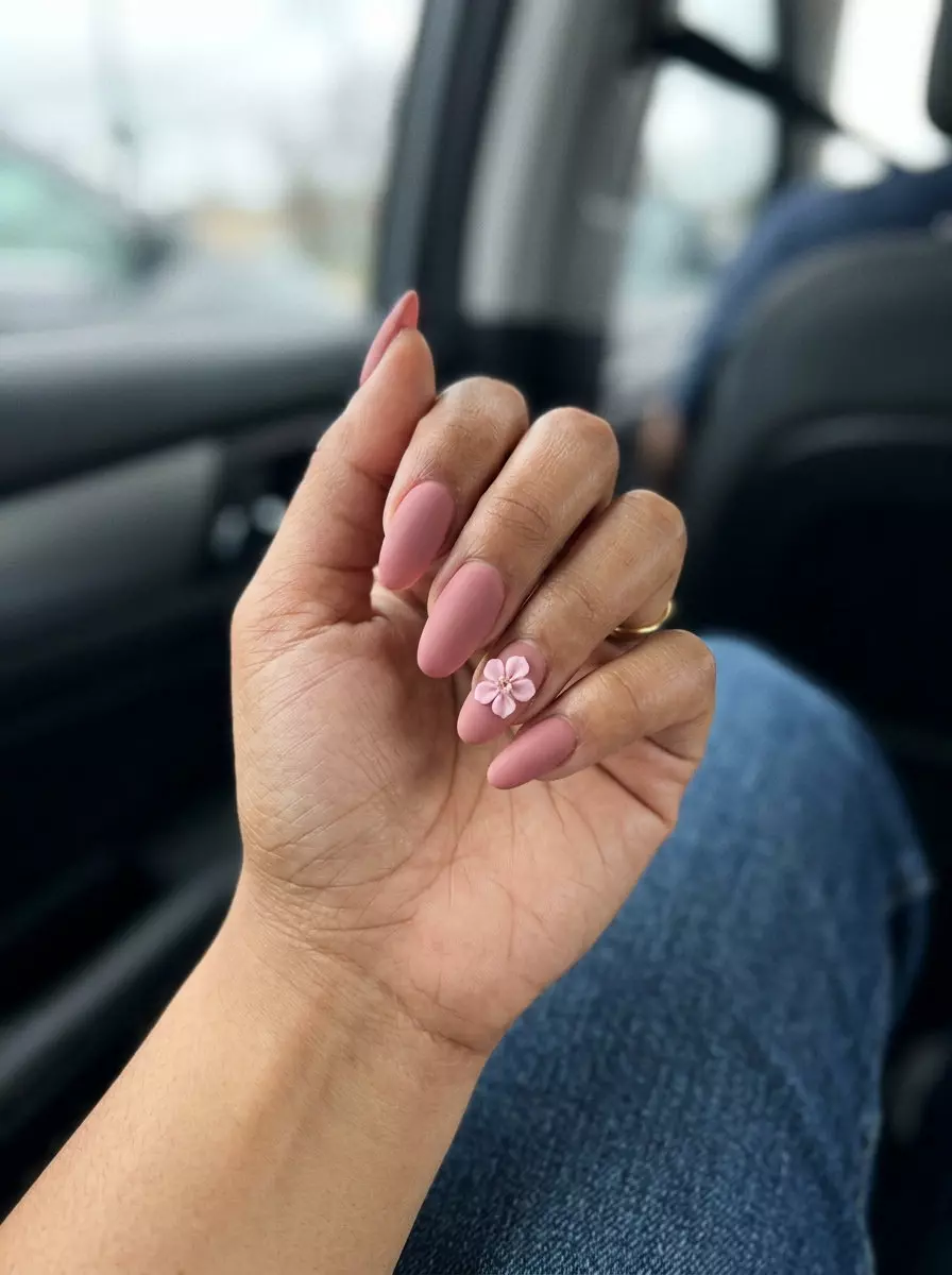 Matte Dusty Rose Nails 2026: Garden Bloom Matte dusty rose nails with floral charms for summer matte nails 2026. Romantic garden party style.