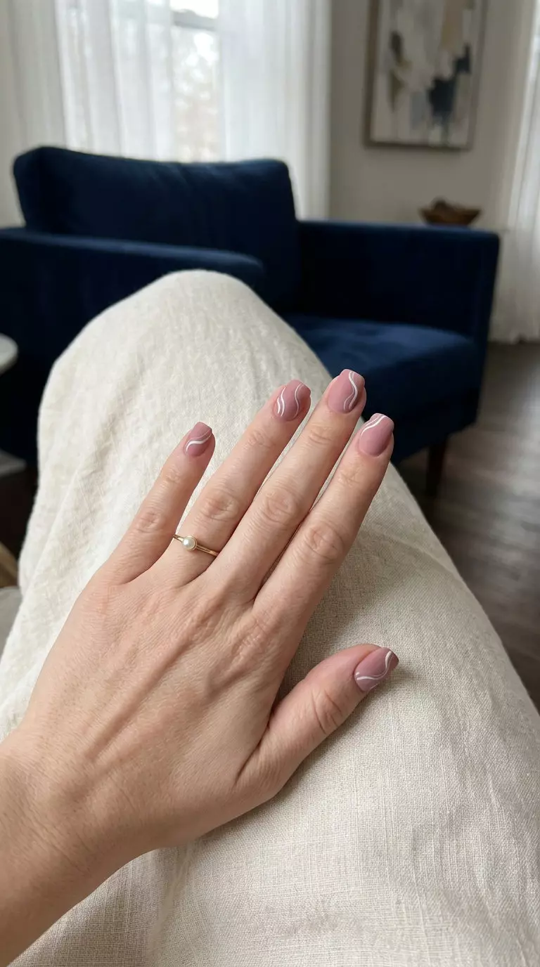 Romantic Matte Nails 2026: Dusty Rose Swirls Matte dusty rose nails with delicate white swirls for summer matte nails 2026. Romantic and elegant for weddings.