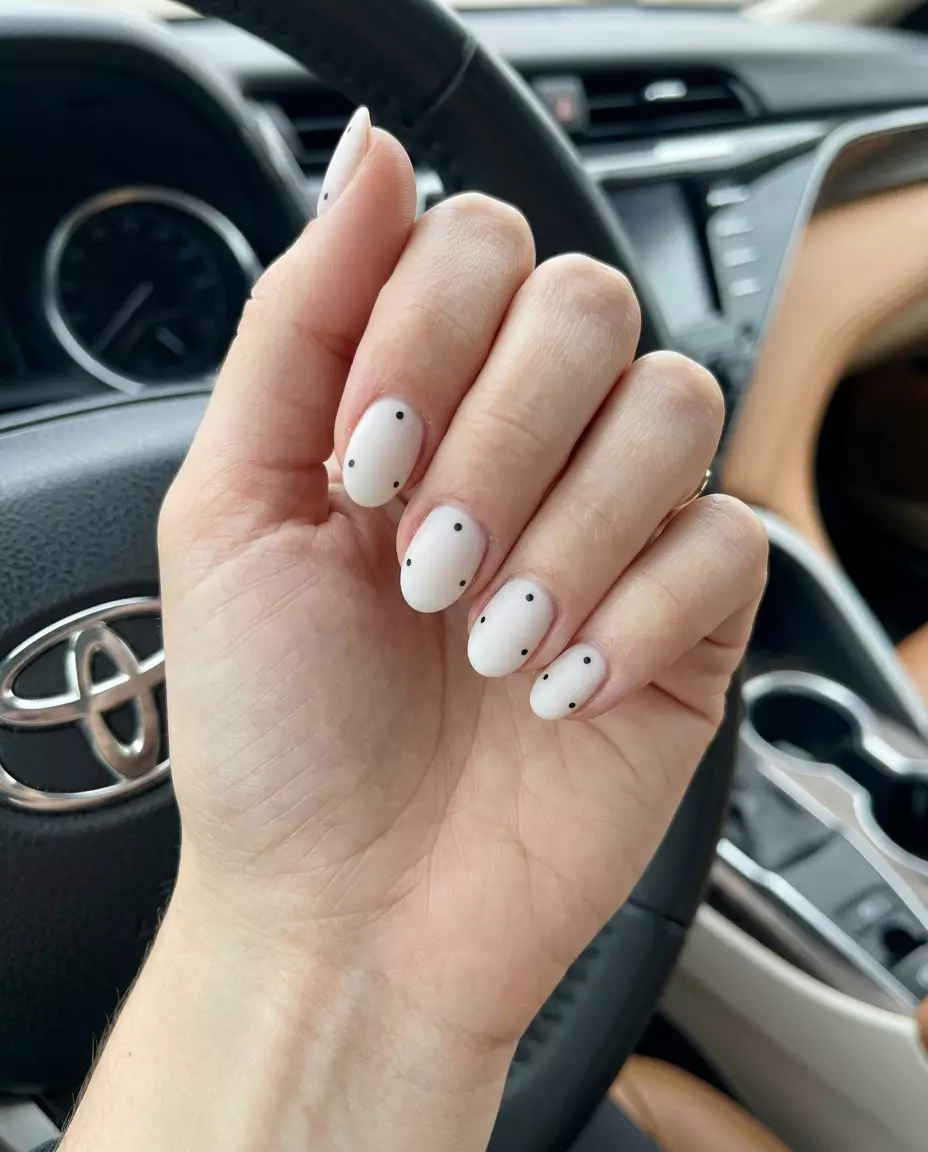 Chic Matte Nails 2026: Milky White Polka Dots Matte milky white nails with tiny black dots for summer matte nails 2026. Clean and minimalist for work.