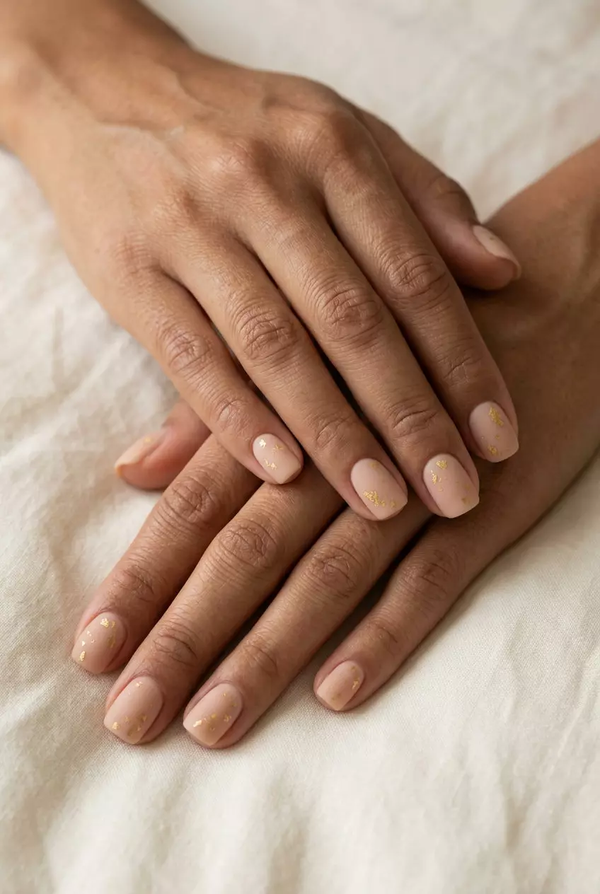 Summer Matte Nails 2026: Nude & Gold Foil Elegance Summer matte nails 2026: Matte nude with scattered matte gold foil flakes for everyday wear.