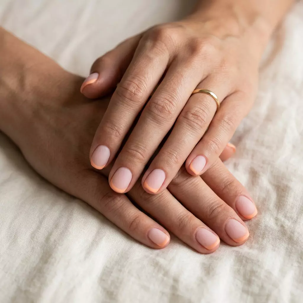 Matte Peach Nails 2026: Micro French Tip Matte peach micro French tip nails on sheer pink for summer matte nails 2026. Playful vacation style.