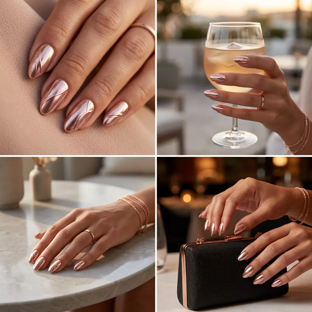 Summer Matte Nails 2026: Rose Gold Abstract Glam Summer matte nails 2026: Matte nude with rose gold chrome abstract lines on medium almond nails for date night.