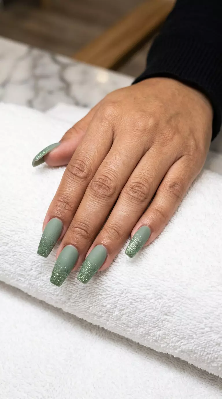 Matte Sage Green Nails 2026: Glitter Gradient Matte sage green glitter gradient nails for summer matte nails 2026. Sophisticated party look.