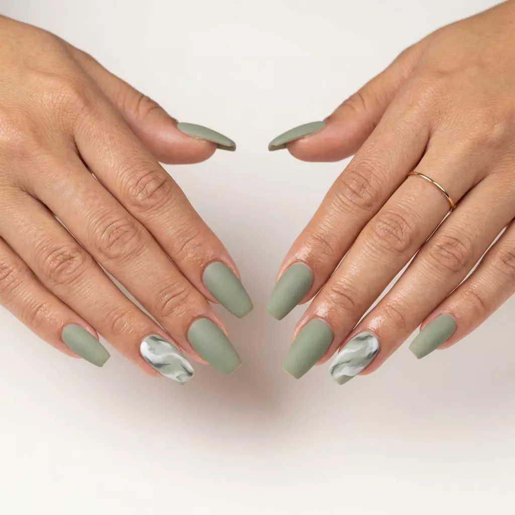 Sophisticated Matte Nails 2026: Sage Green Marble Matte sage green coffin nails with marble accent for summer matte nails 2026. Sophisticated and calm for office.