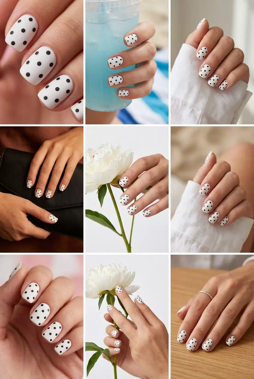 Matte White Nails 2026: Classic Black Dots Matte white nails with black dots for summer matte nails 2026. Classic clean-girl style.