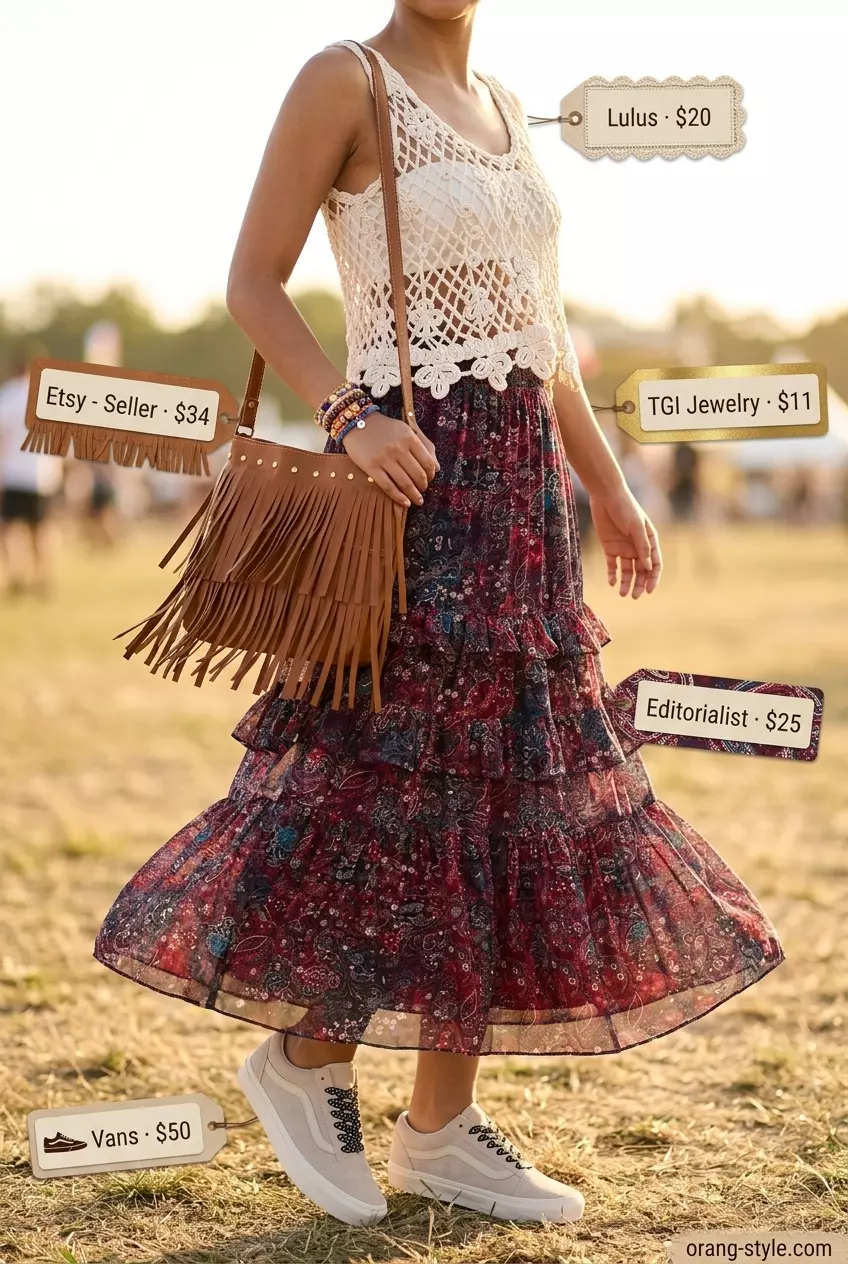 Summer maxi skirt and sneakers outfit 2026: Boho patterned maxi skirt, crochet top, suede sneakers for a festival look.
