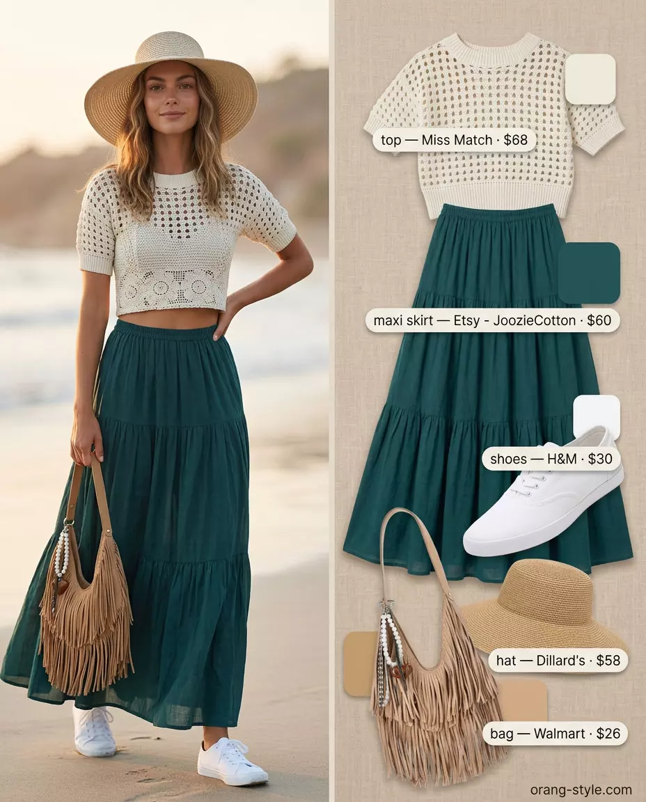 Teal embroidered maxi skirt, cream crochet top, and white sneakers for a boho summer festival outfit 2026.