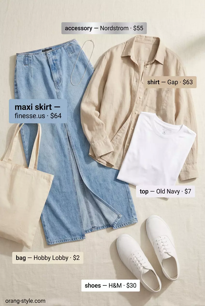 Casual Cool summer maxi skirt and sneakers outfit 2026: light denim skirt, white tee, linen shirt, canvas sneakers.