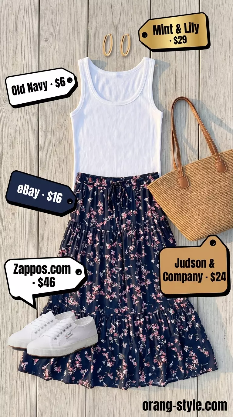 Summer maxi skirt and sneakers outfit 2026: Navy floral maxi skirt, white tank, canvas sneakers for a relaxed coastal look.