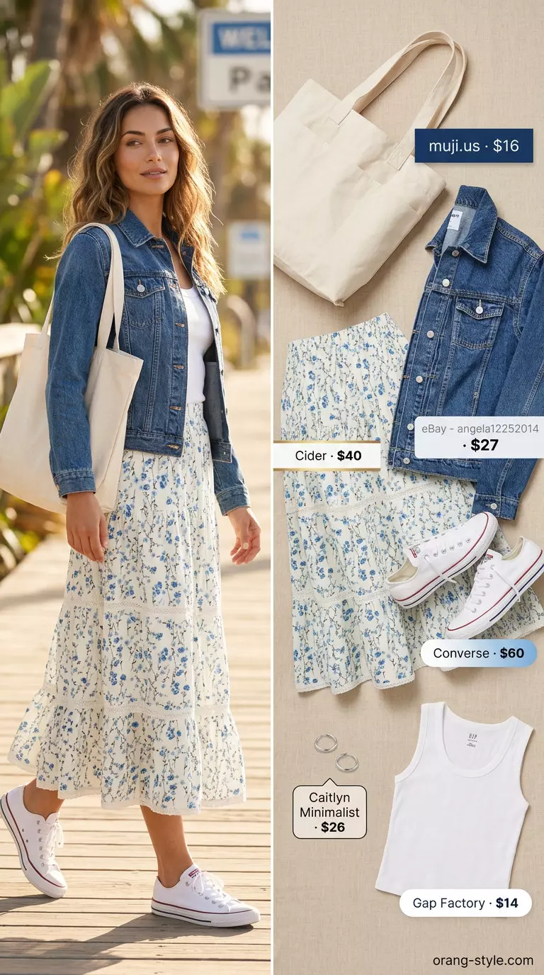 Summer maxi skirt and sneakers outfit 2026: Floral maxi skirt, denim jacket, white tank, white sneakers for a casual beachy look.
