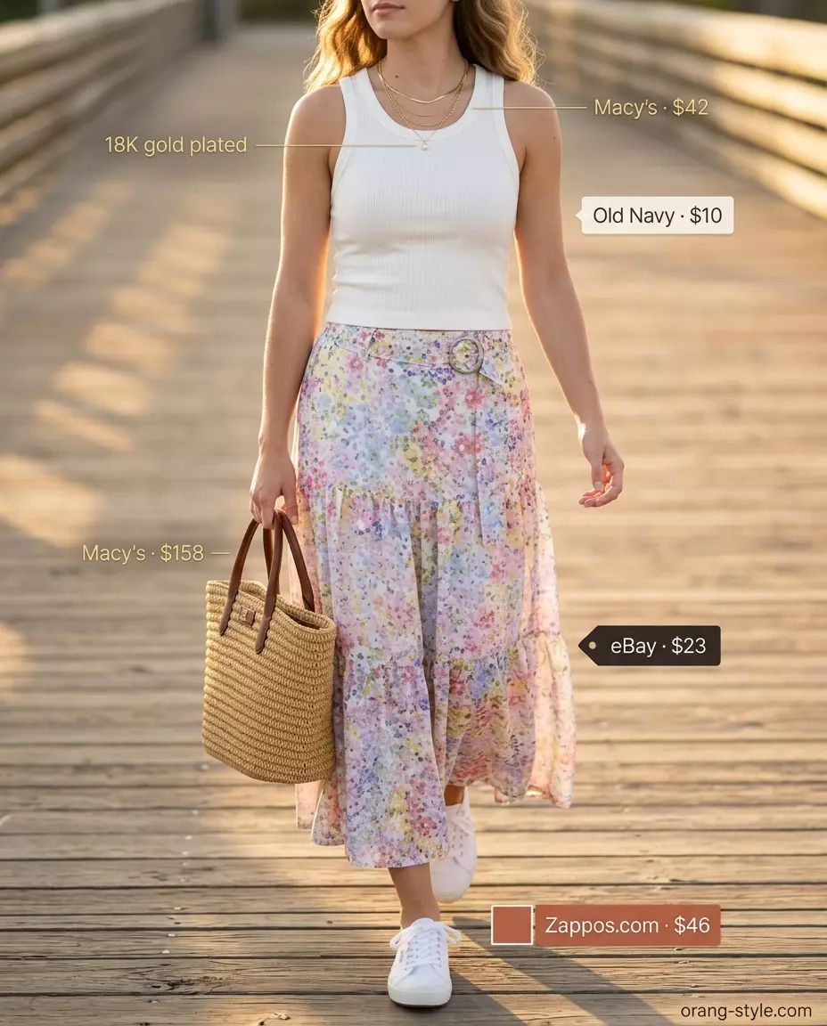 Floral maxi skirt, white tank, and white sneakers for a relaxed coastal summer outfit 2026.
