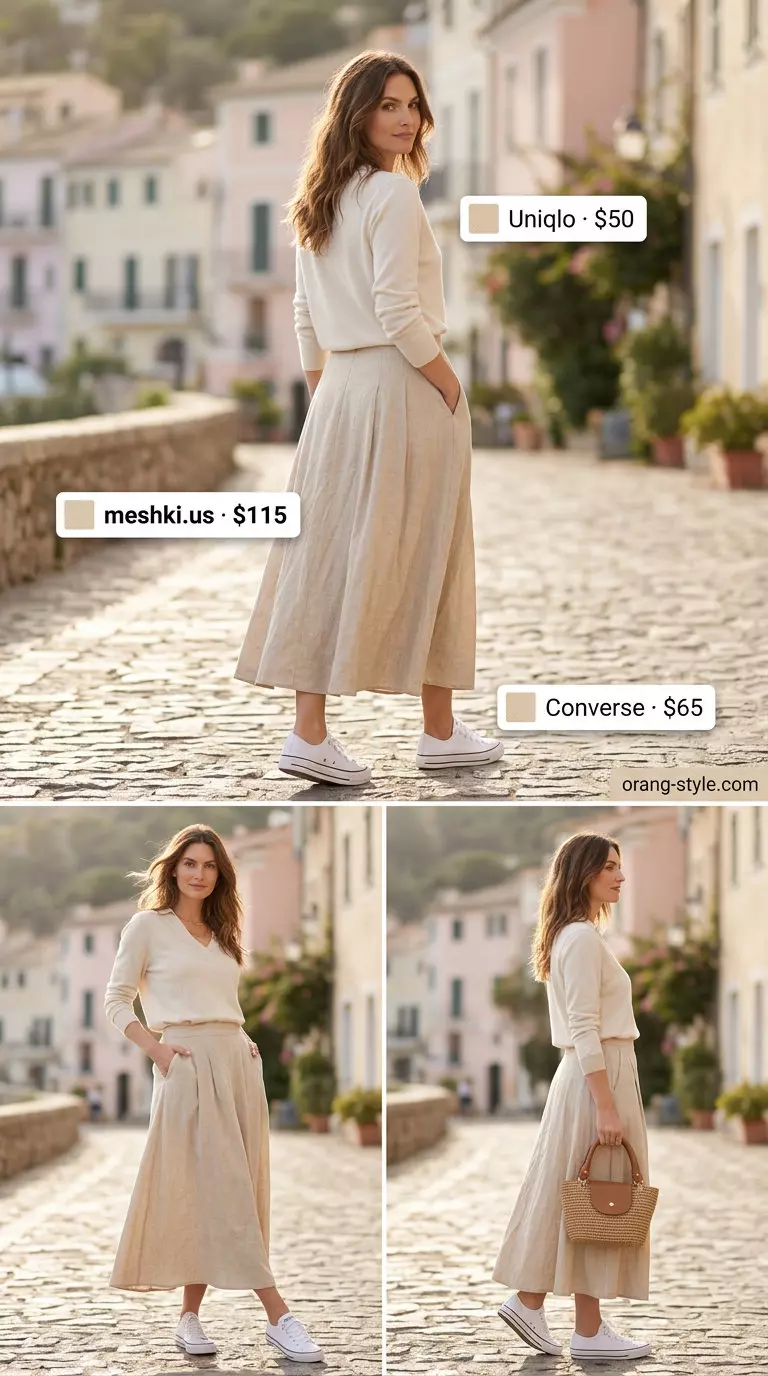 Coastal Grandmother summer maxi skirt and sneakers outfit 2026: linen skirt, crewneck sweater, straw tote, white sneakers.