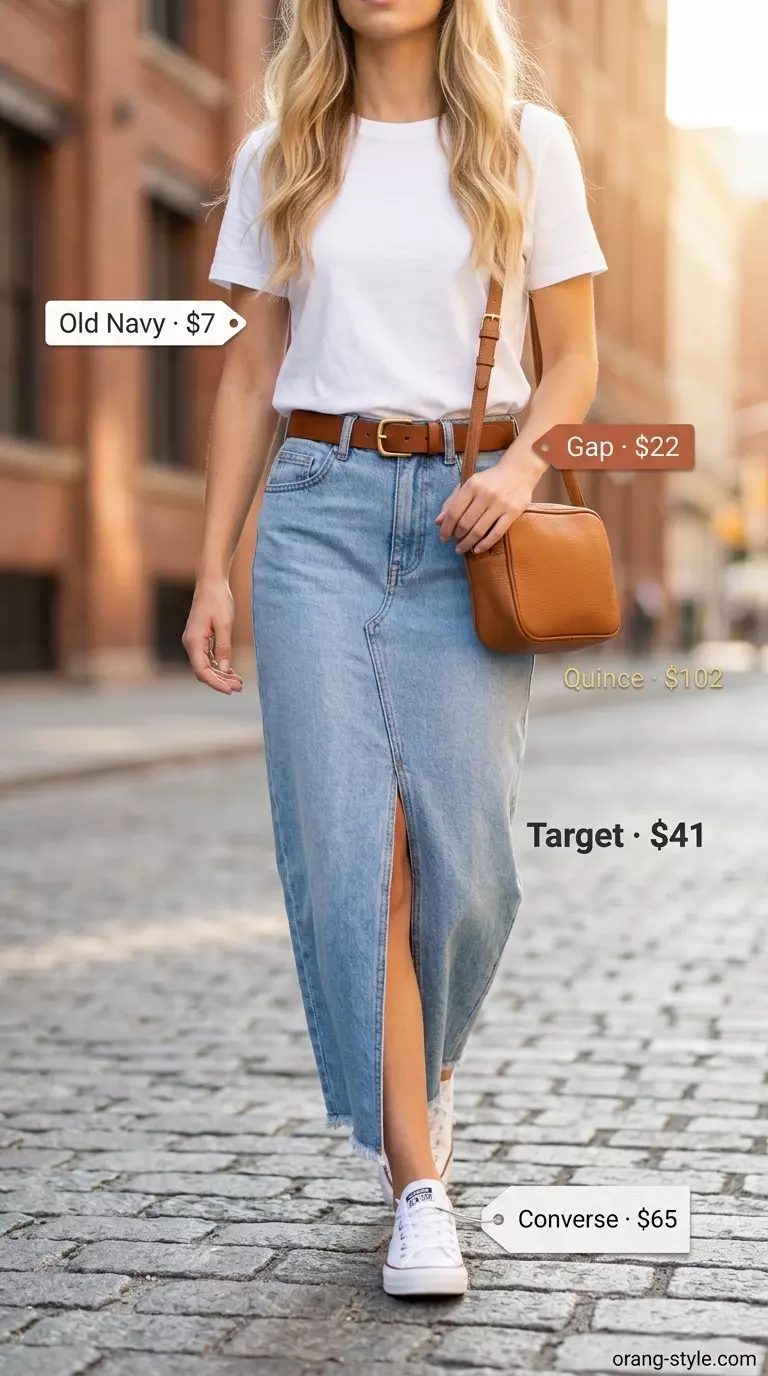 Summer maxi skirt and sneakers outfit 2026: Light wash denim maxi skirt, white tee, white sneakers, tan crossbody for casual day.
