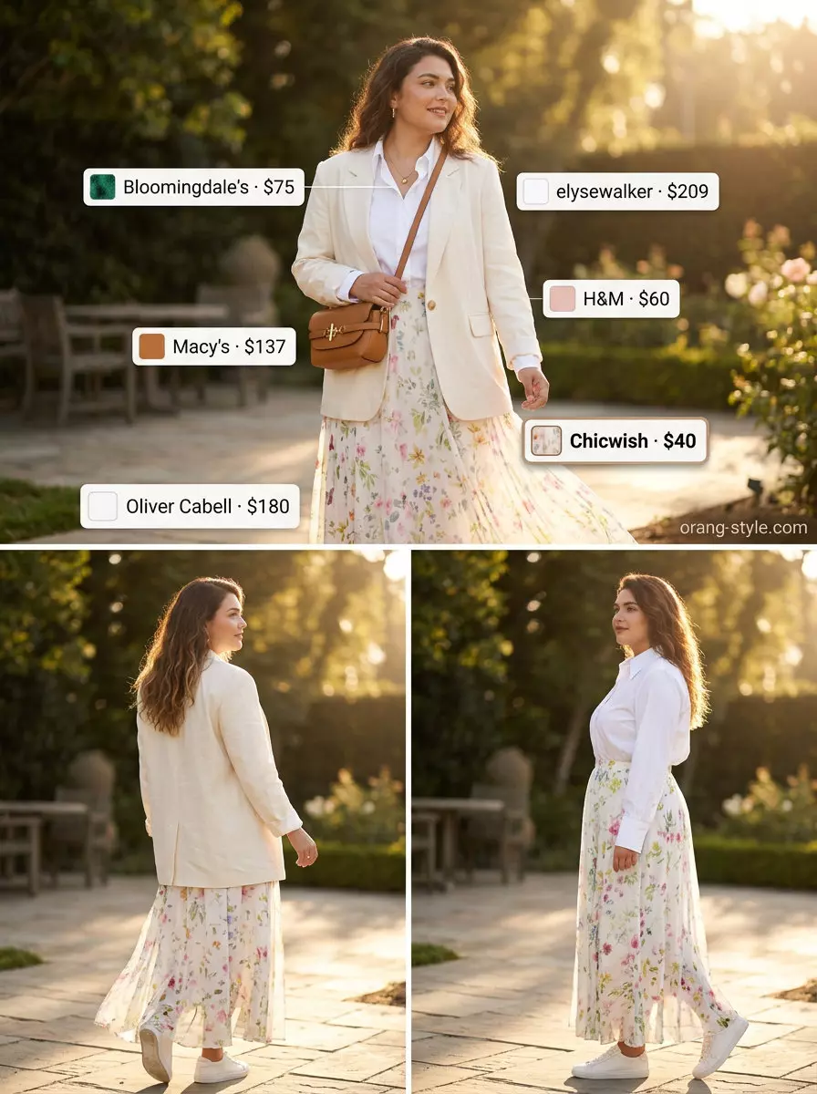 Garden Party summer maxi skirt and sneakers outfit 2026: floral skirt, white shirt, blazer, white sneakers.