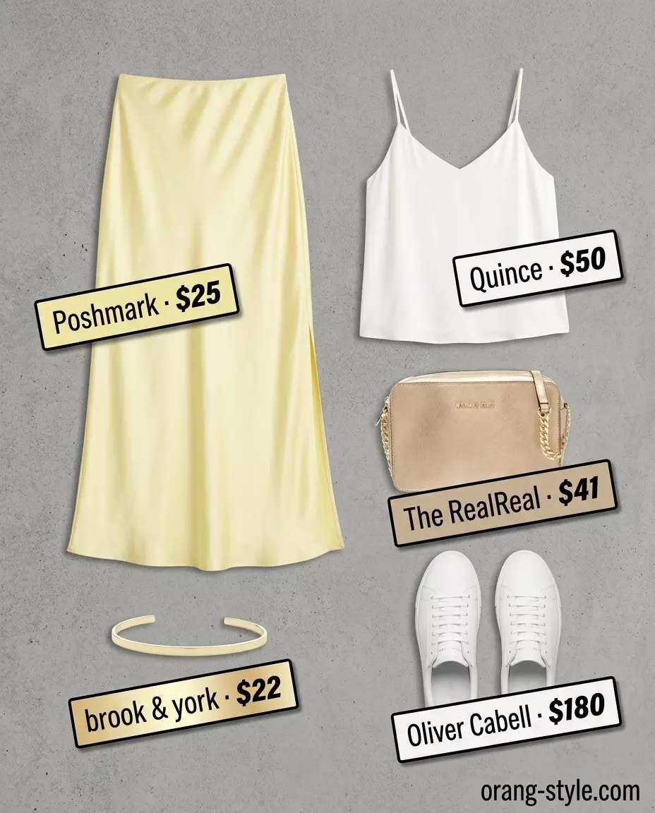Golden yellow satin maxi skirt, cream camisole, and white sneakers for elegant summer evening outfits 2026.
