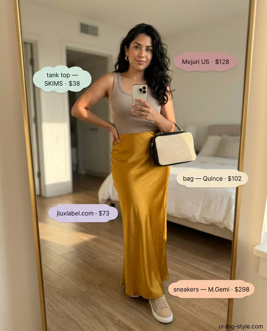 Summer maxi skirt and sneakers outfit 2026: Mustard yellow tiered maxi skirt, cream tank, tan crossbody, and versatile sneakers.