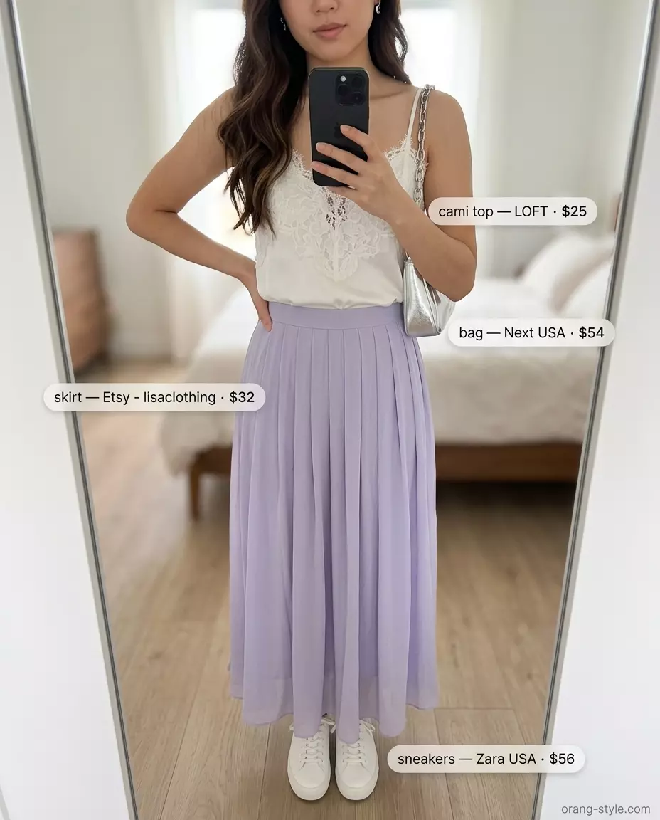 Lilac chiffon maxi skirt, white camisole, and white sneakers for a sweet summer outfit 2026.