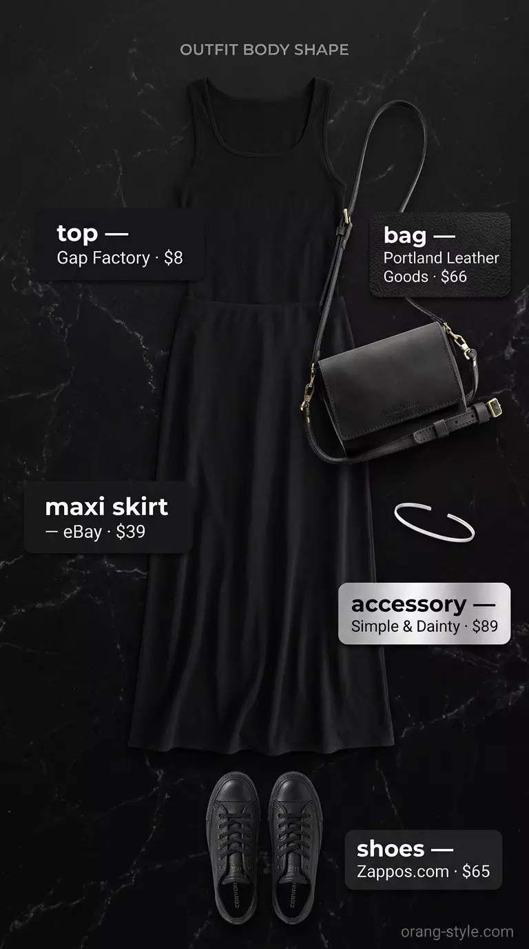 Modern Minimalist summer maxi skirt and sneakers outfit 2026: all black, jersey skirt, tank top, leather sneakers.