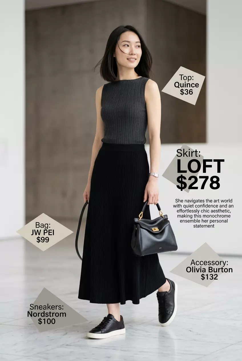 Charcoal grey maxi skirt, black tank, and black sneakers for a modern monochrome summer outfit 2026.