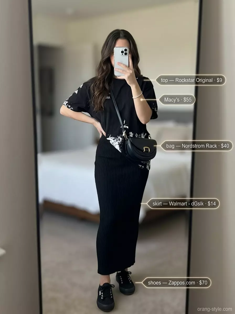 Summer maxi skirt and sneakers outfit 2026: Black knit maxi skirt, oversized graphic tee, black sneakers for a monochrome look.