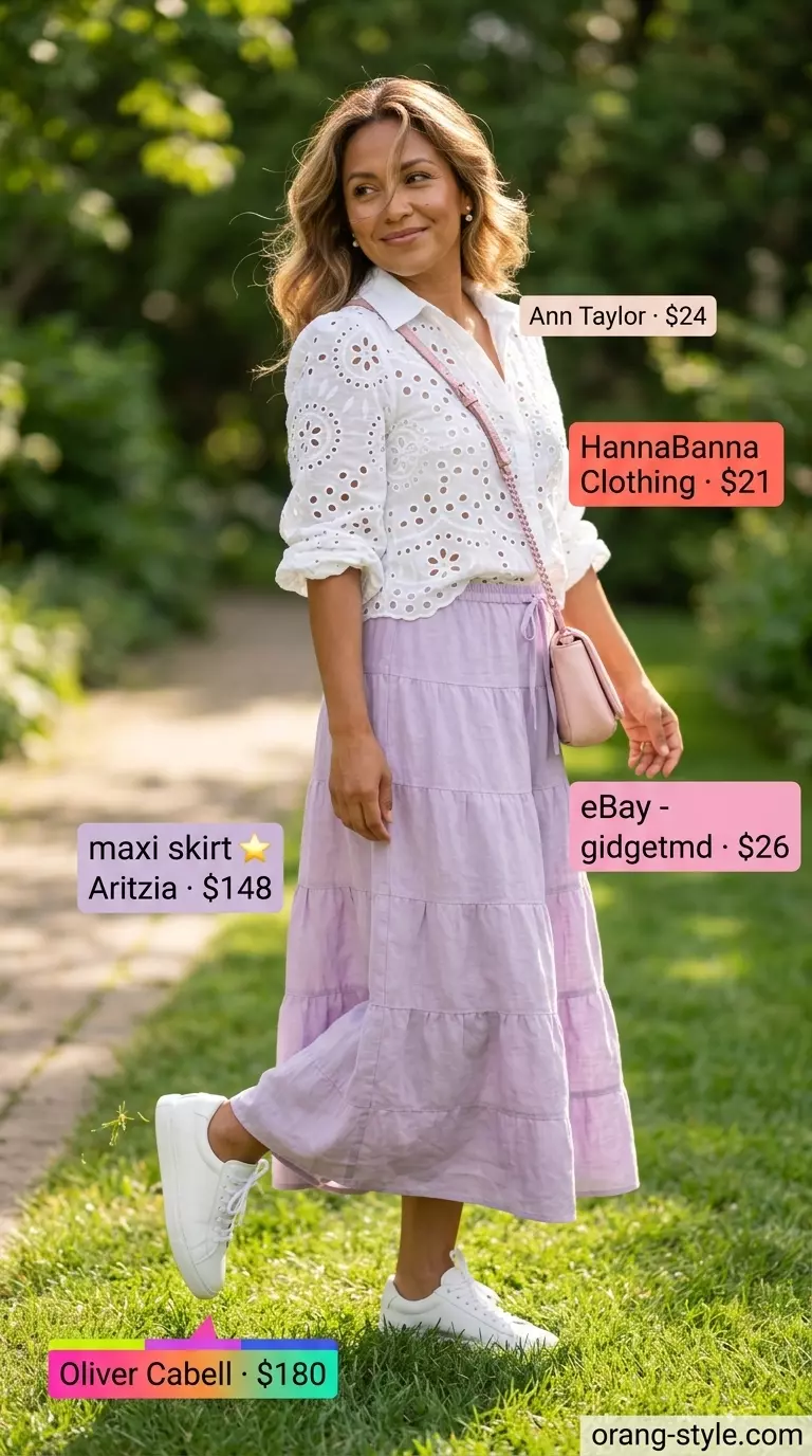 Summer maxi skirt and sneakers outfit 2026: Lilac tiered maxi skirt, white eyelet top, white sneakers for a romantic daytime look.