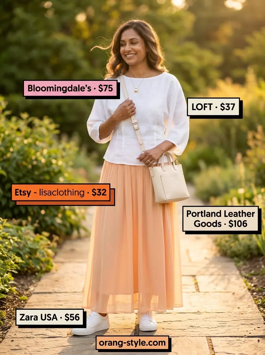 Peach maxi skirt, white blouse, and white sneakers for a serene summer garden party outfit 2026.