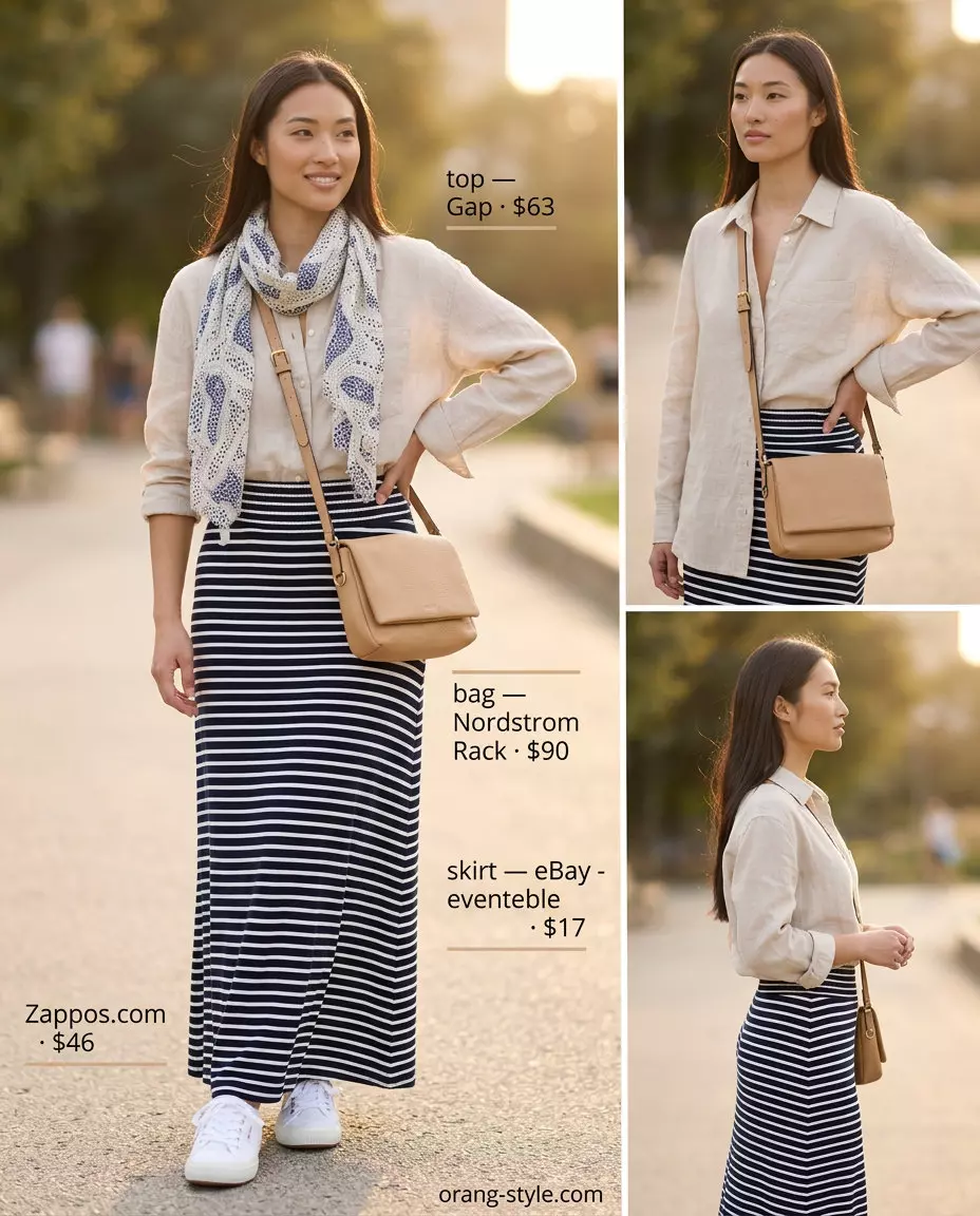 Relaxed Traveler summer maxi skirt and sneakers outfit 2026: striped skirt, linen shirt, crossbody bag, white sneakers.
