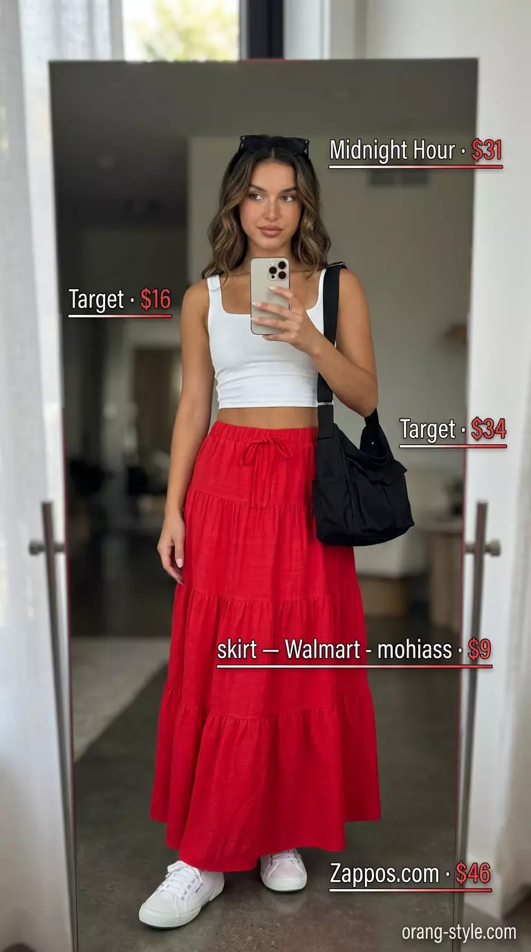 Summer maxi skirt and sneakers outfit 2026: Bold red tiered maxi skirt, white crop top, canvas sneakers for a retro festival look.