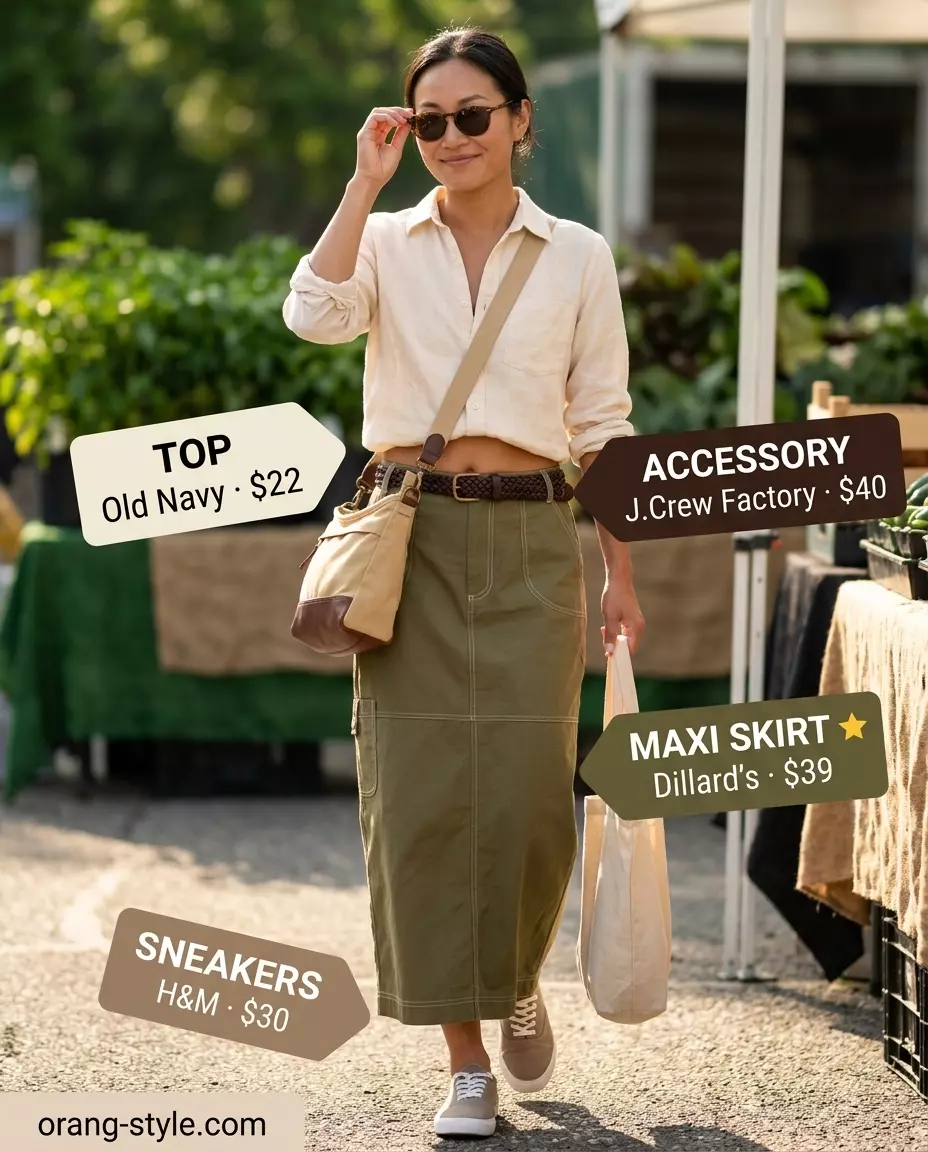 Olive green utility maxi skirt, cream shirt, and tan sneakers for an adventurous summer outfit 2026.