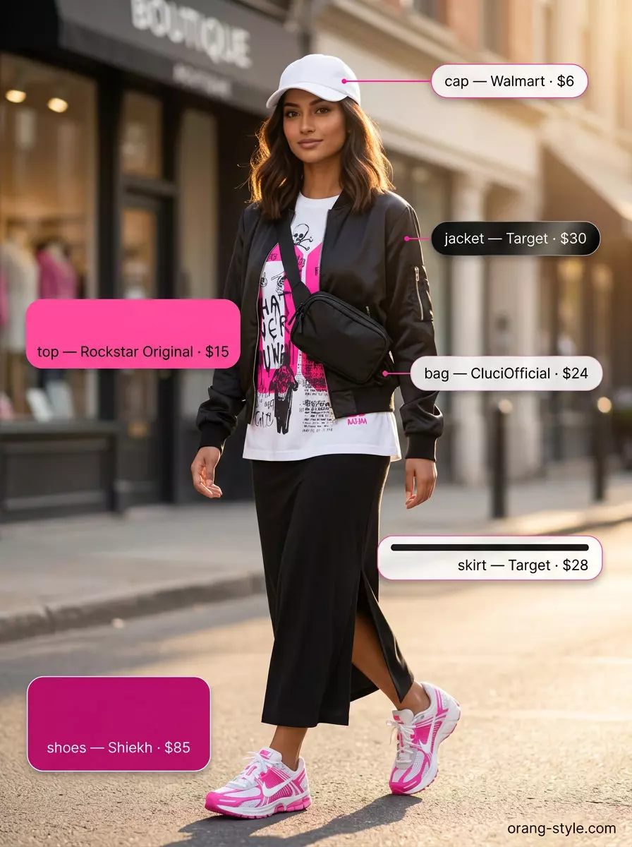 Summer maxi skirt and sneakers outfit 2026: Black athletic maxi skirt, graphic tee, bomber jacket, pink sneakers for a sporty day.
