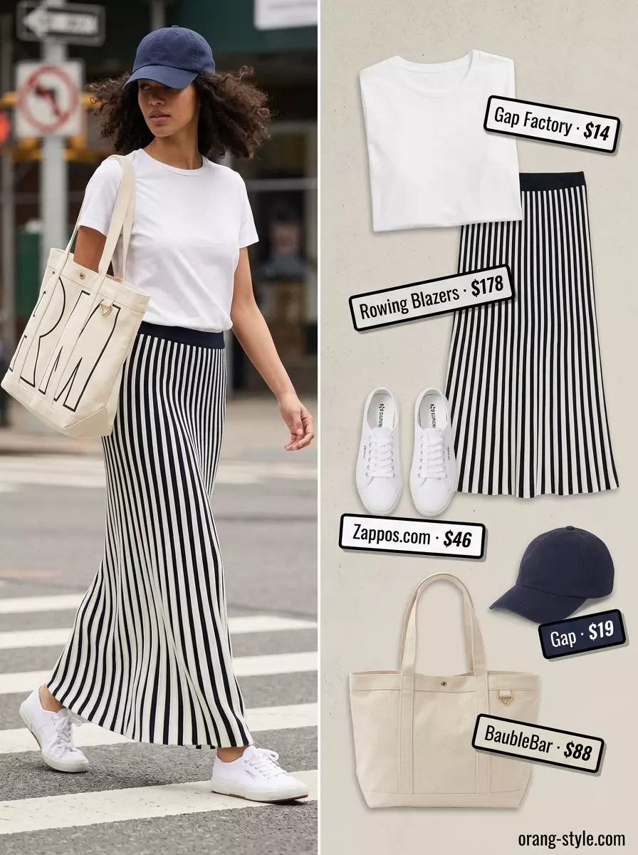 Navy striped maxi skirt, white t-shirt, and white sneakers for a sporty casual summer outfit 2026.