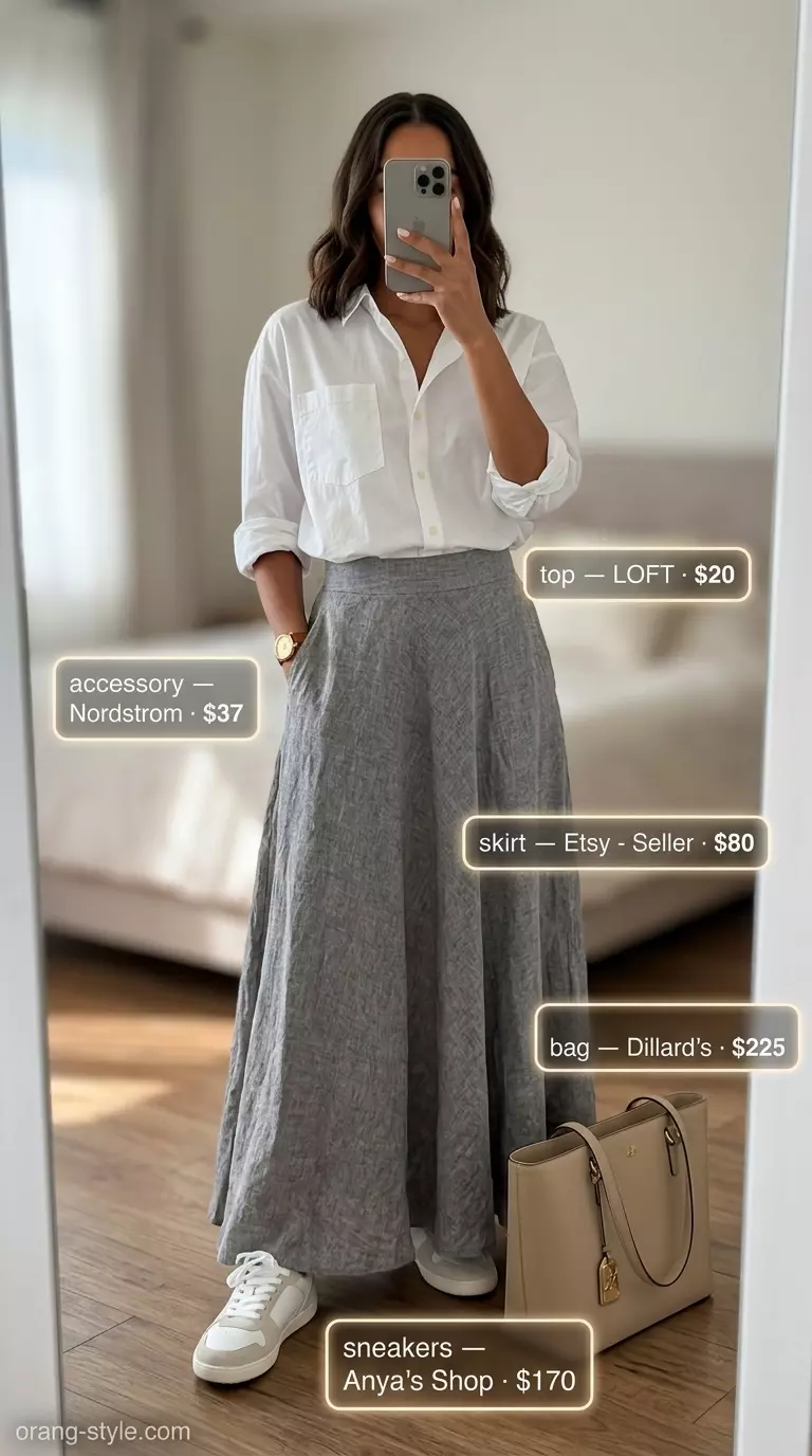 Sunny Day Linen summer maxi skirt and sneakers outfit 2026: beige skirt, white shirt, tote bag, sneakers.