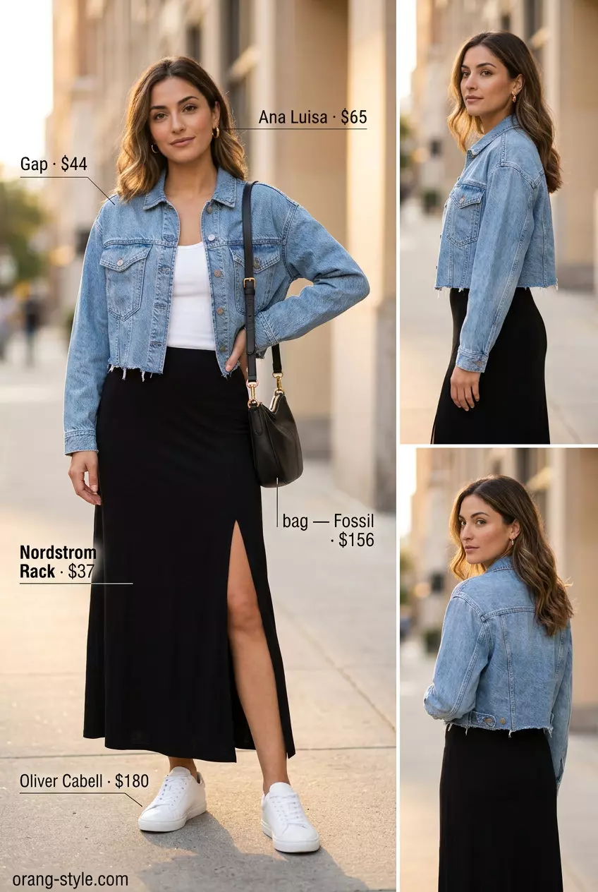 Sunset City Explorer summer maxi skirt and sneakers outfit 2026: black skirt, sunset tee, denim jacket, white sneakers.