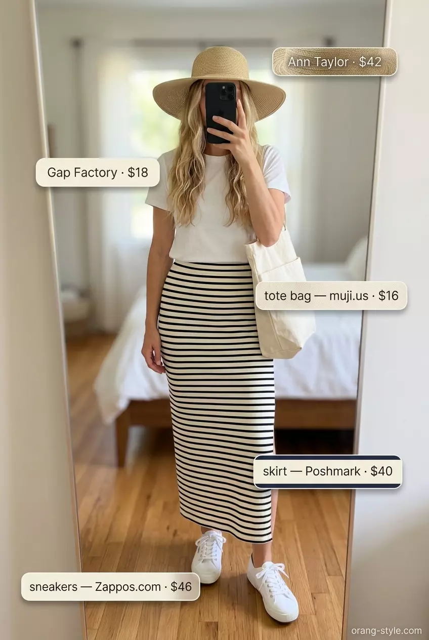 Sunset Cruise summer maxi skirt and sneakers outfit 2026: navy striped skirt, white tee, canvas sneakers, straw hat.
