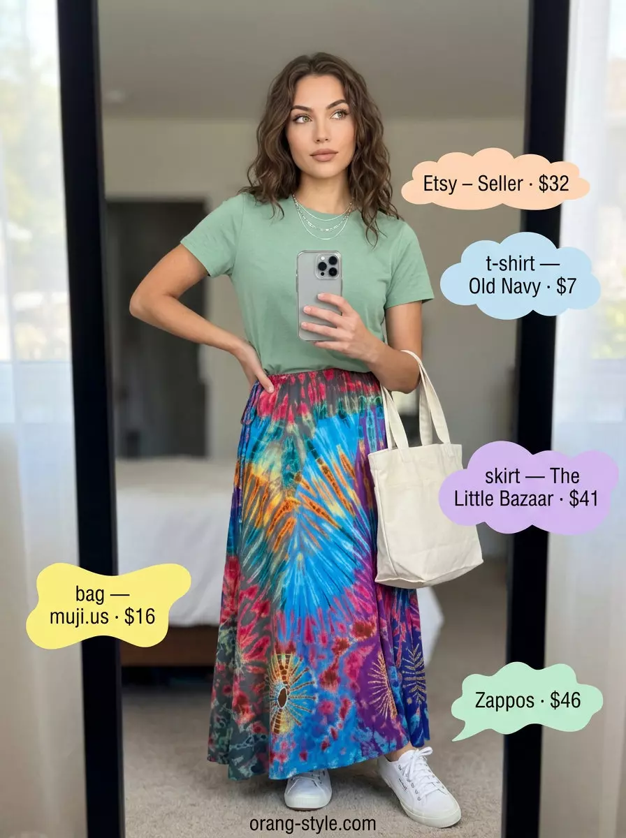 Tie-dye maxi skirt, white t-shirt, and white sneakers for a vibrant summer festival outfit 2026.