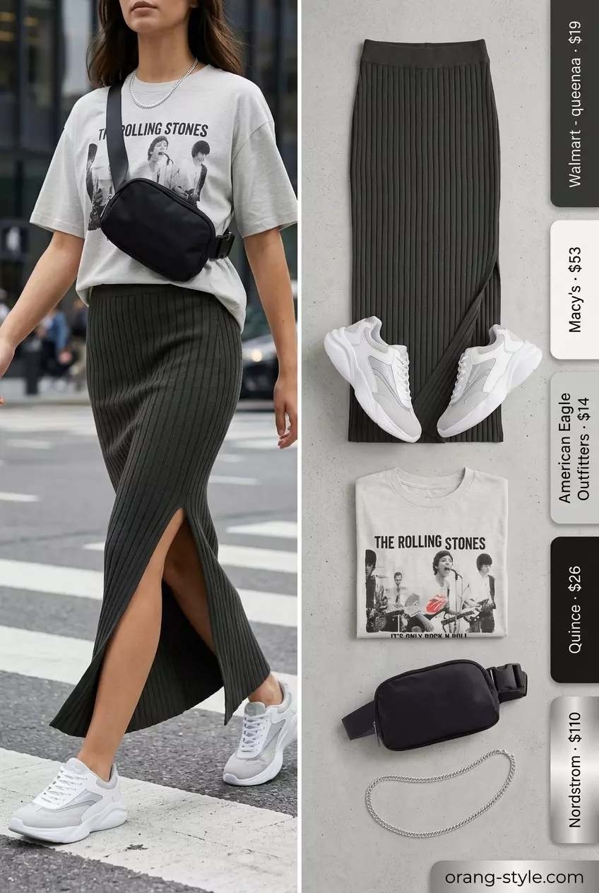 Summer maxi skirt and sneakers outfit 2026: Black knit maxi skirt, graphic tee, chunky sneakers for an urban explorer look.