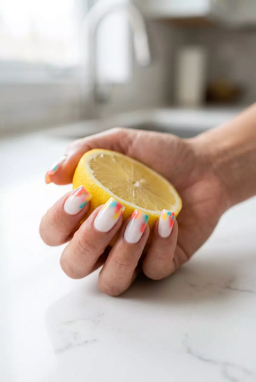 Abstract summer French tip nails with multicolor splashes for summer nail art 2026. Playful and artistic.
