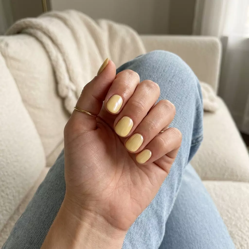 Butter yellow glazed donut almond nails for summer nail art 2026. Chic, understated, perfect for daily wear and casual outings.