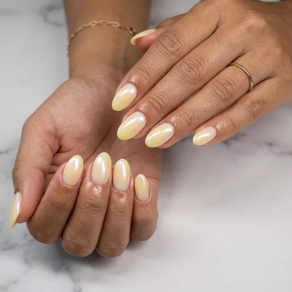 Butter yellow glazed oval nails for summer nail art 2026. Minimalist, luminous, perfect for work or bridal showers.