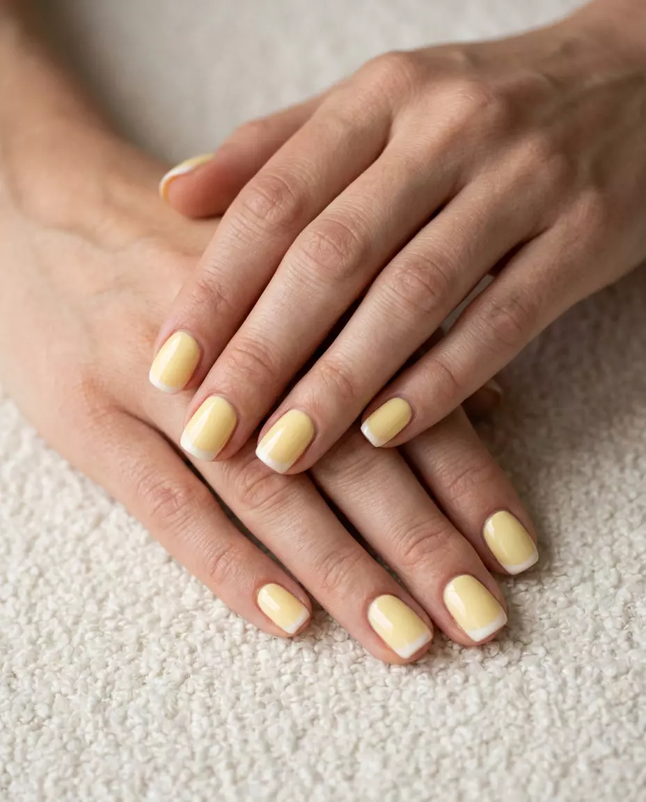 Butter yellow milky French nails for summer nail art 2026. Clean-girl, sophisticated, perfect for daily wear and work.