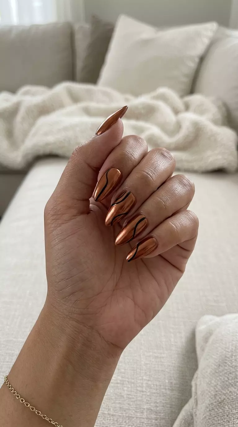 Copper line art stiletto nails for summer nail art 2026. Edgy, minimalist, perfect for date nights and evening events.