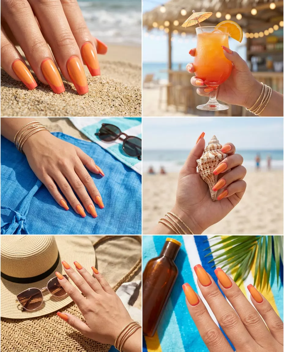 Playful coral cuticle reverse French nails for summer nail art 2026. Ideal for vacations and casual outings.