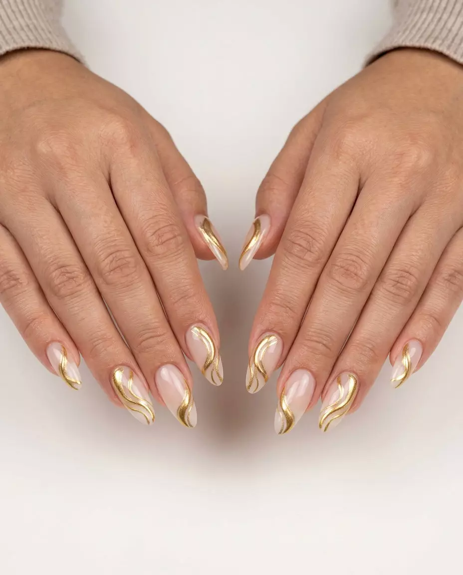 Sophisticated gold swirl elegance almond nails for summer nail art 2026. Perfect for formal events and date nights.