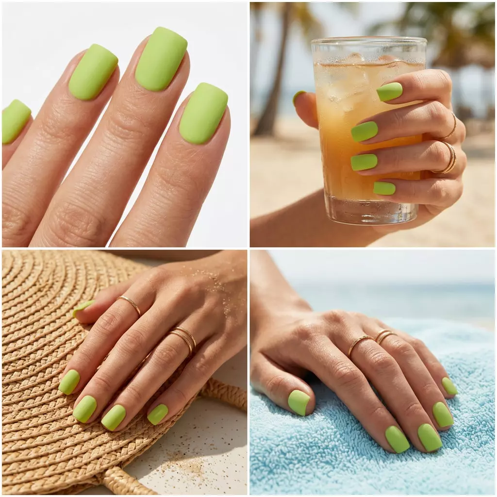 Matte lime green nails for summer nail art 2026. Edgy and bold on short square nails.