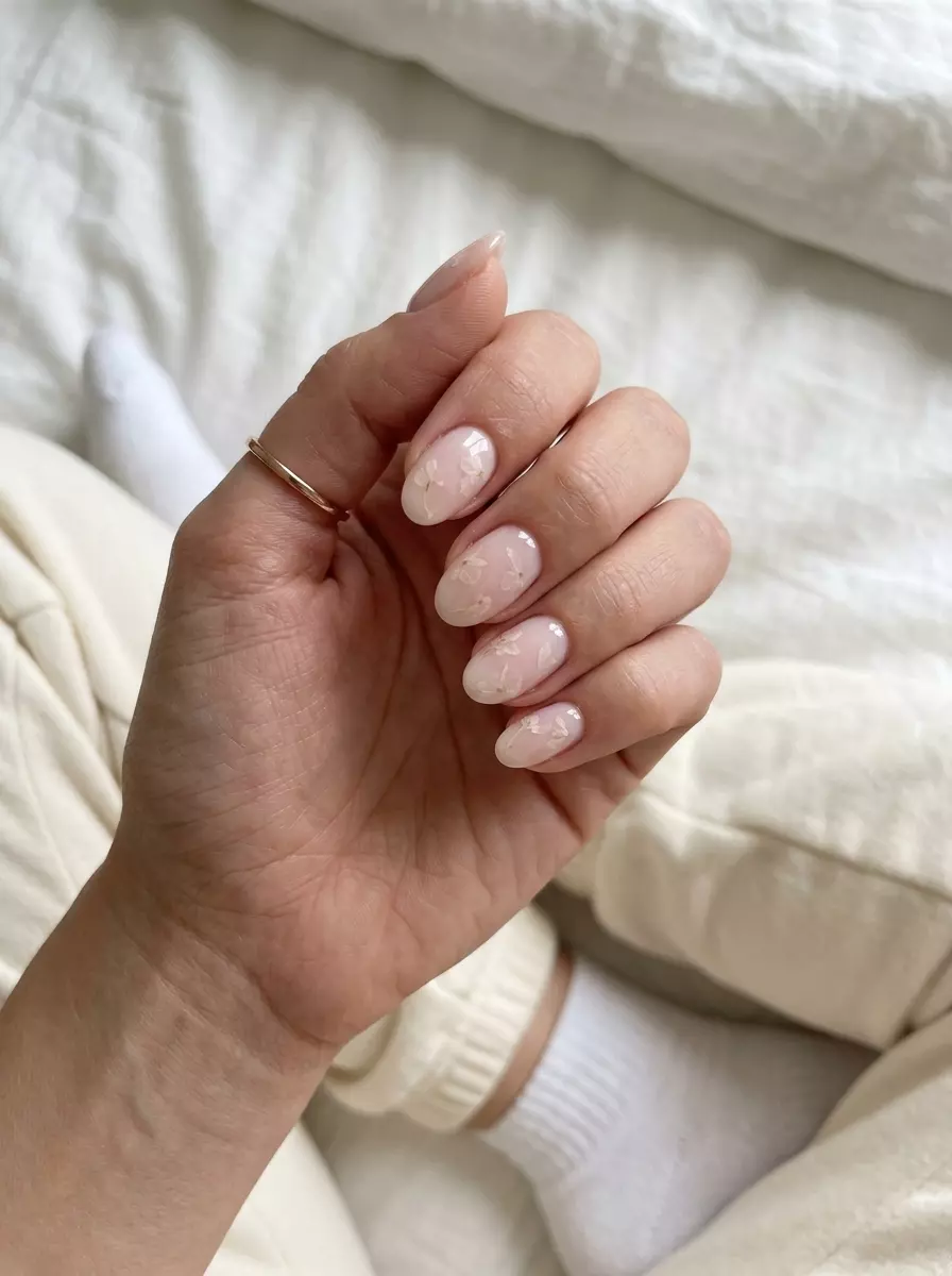 Milky pink nails with sheer white floral elements for summer nail art 2026. Romantic, ethereal, perfect for weddings and dates.