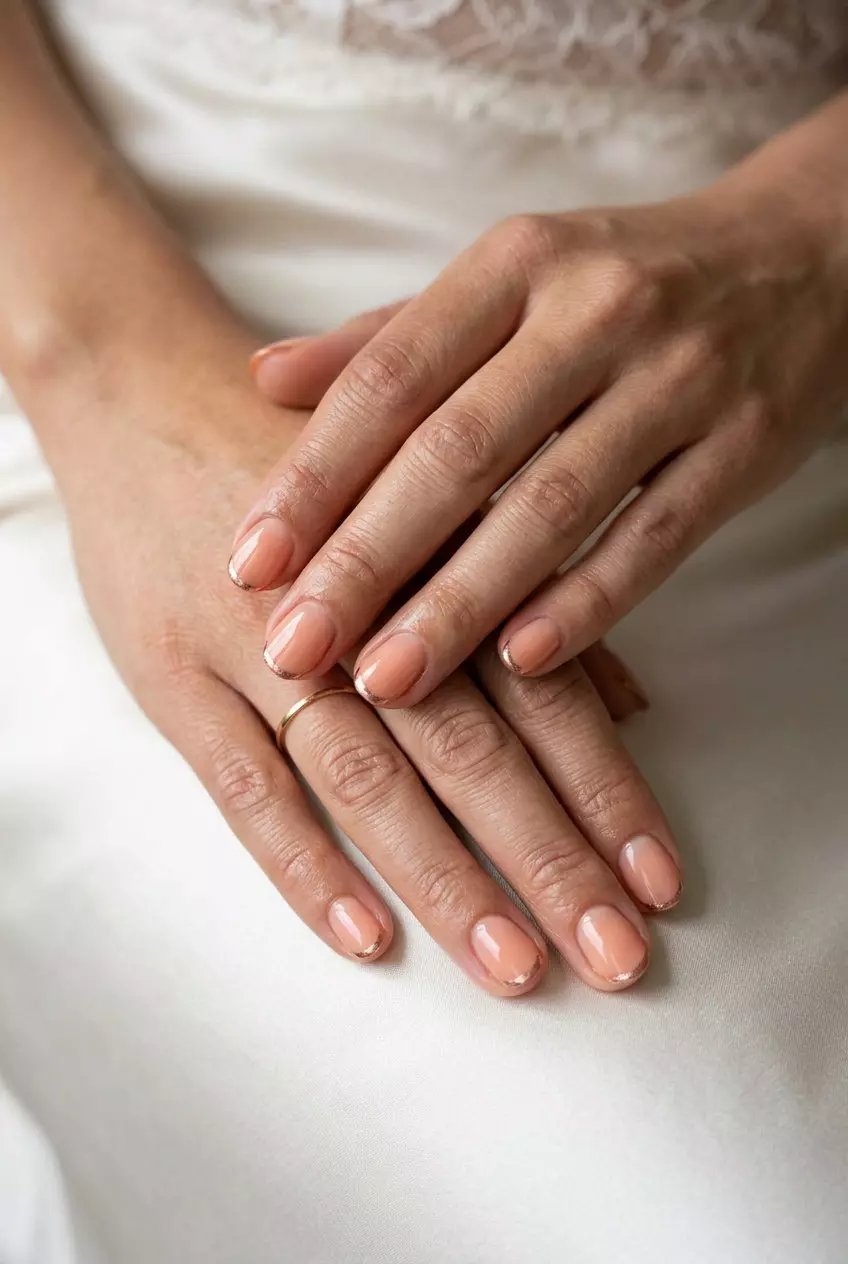 Sheer peach micro French with rose gold foil for summer nail art 2026. Elegant and romantic.