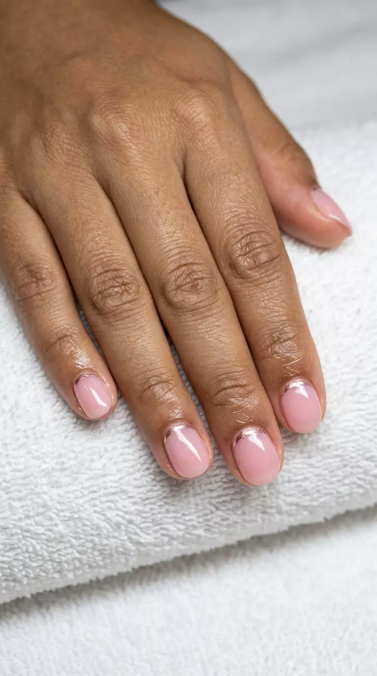Sheer pink nails with rose gold chrome detail for summer nail art 2026. Minimalist, modern, perfect for work and events.